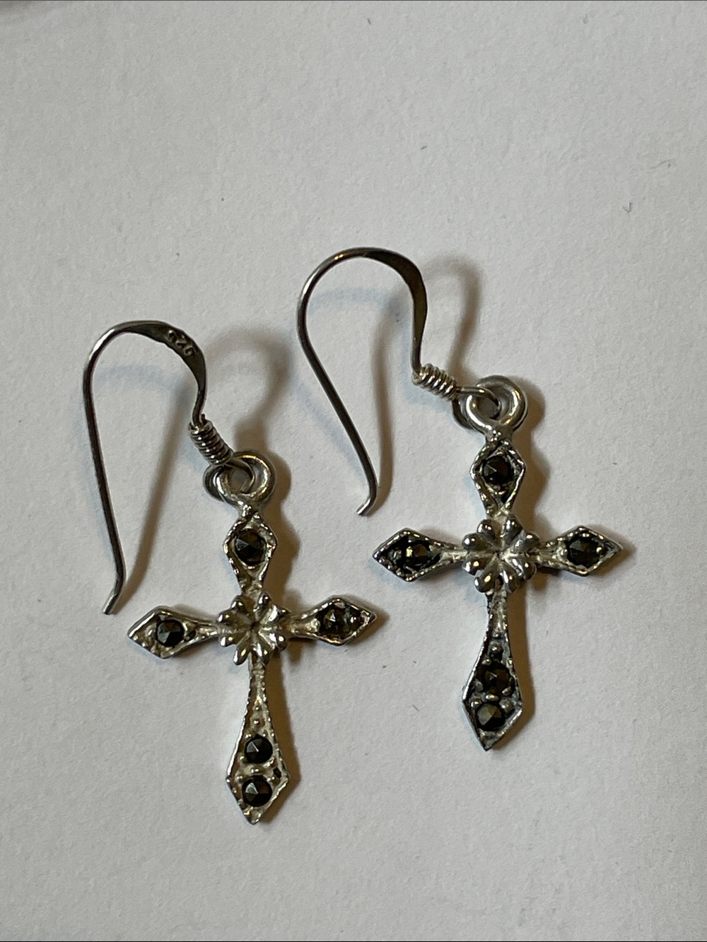 Sterling Silver Black Marcasite Cross Drop Earrings